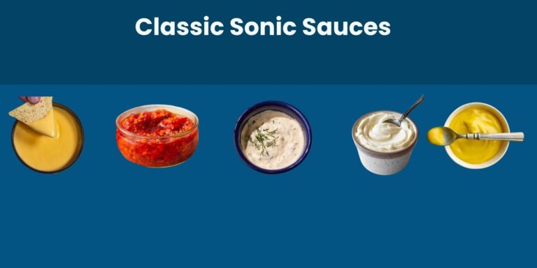 A lineup of classic Sonic menu sauces including cheese dip, salsa, ranch, mayonnaise, and yellow mustard, served in small bowls on a blue background.