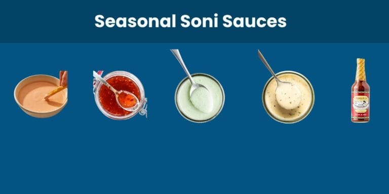 A row of seasonal Sonic menu sauces in small glass bowls and jars, including spicy mayo, sweet chili, green herb, garlic ranch, and a specialty hot sauce bottle, displayed on a blue background.