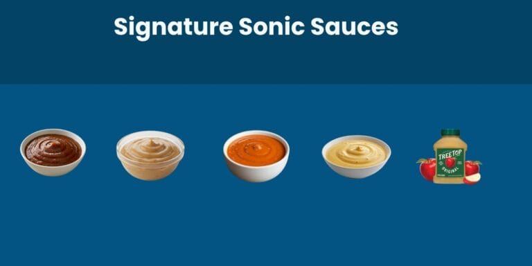 A lineup of signature Sonic menu sauces including barbecue, ranch, buffalo, honey mustard, and Tree Top applesauce, displayed in small bowls on a blue background.