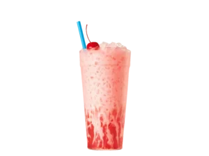 Pink Flamingo drink from the sonic secret menu, a creamy cherry and Sprite blend in a tall cup with a cherry on top and blue straw