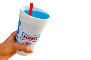 Slap Yo Mama slush from the sonic secret menu, bright blue drink in a Sonic cup with red straw held by hand