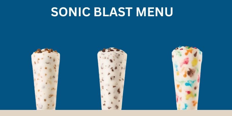 A colorful image of the Sonic Dessert menu featuring three Sonic Blasts with toppings like chocolate chips and sprinkles, served in tall cups for a delightful dessert experience.
